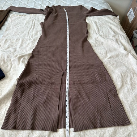 Evereve Ribbed Knit Tie Waist Midi Dress Brown Long Sleeve Size Small Minimalist - Picture 8 of 8